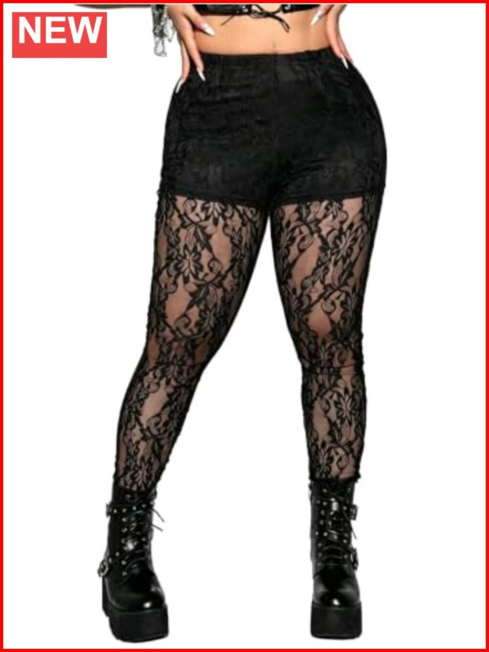 Floerns Plus Size Floral Lace Mesh Sheer Leggings Gothic Skinny Pants